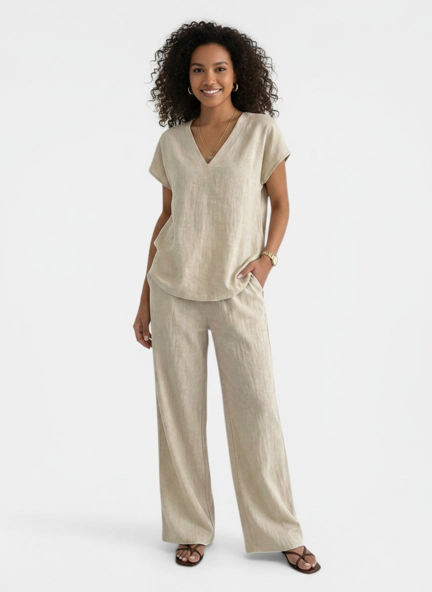 Full body view of the model wearing Conjunto Lino Verano Pantalón Mujer