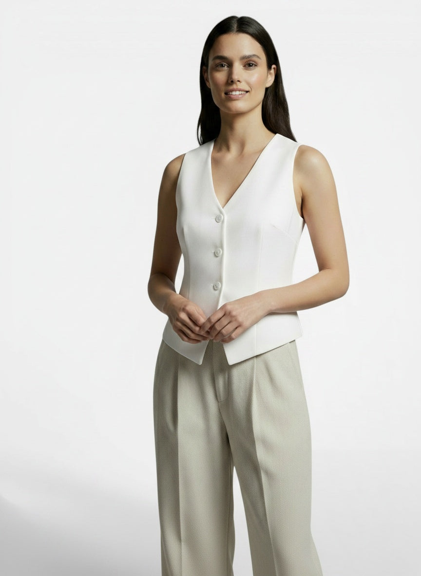 Full body view of the model wearing Chaleco Mujer Slim Fit Retro Elegante – Moda Casual y Sofisticada
