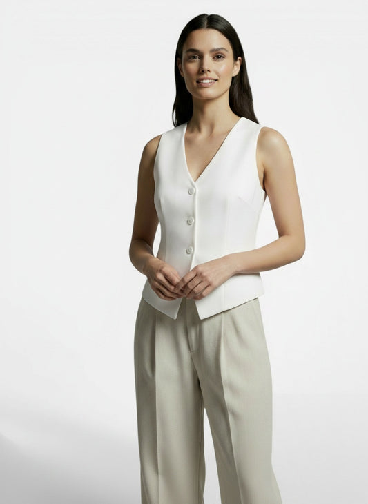 Full body view of the model wearing Chaleco Mujer Slim Fit Retro Elegante – Moda Casual y Sofisticada