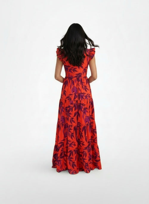 Back pose of the model wearing Vestido Largo Rojo Elegante Mujer