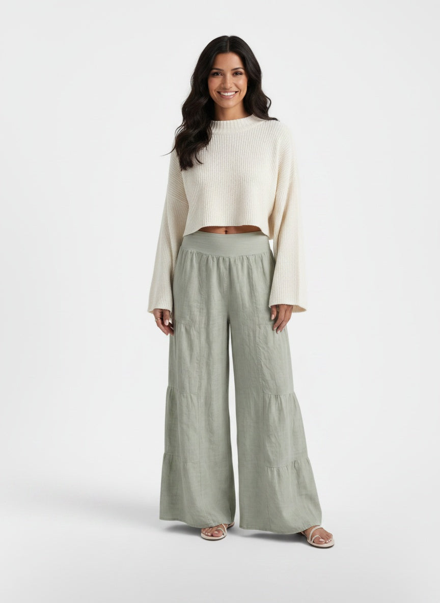 Full body view of the model wearing Pantalón Lino Mujer Ancho