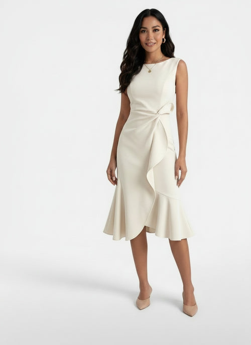 Full body view of the model wearing Vestido Midi Mujer Entallado Elegante