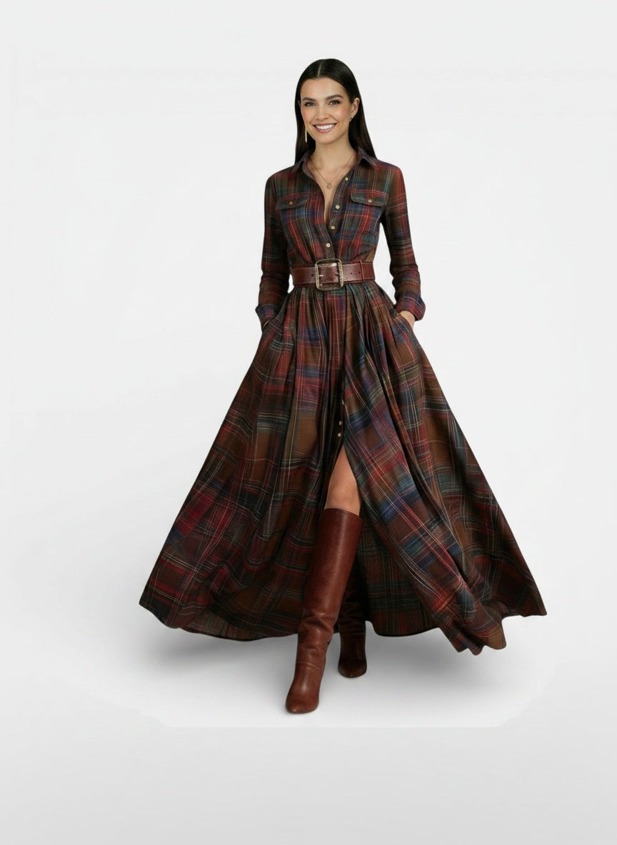 Full body view of the model wearing Vestido retro de mujer - Manga larga y cinturón