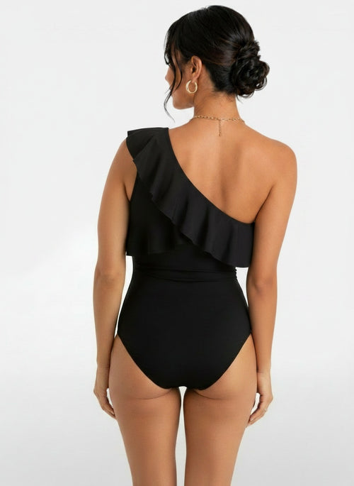 Back pose of the model wearing Bañador Mujer Un Hombro Volante