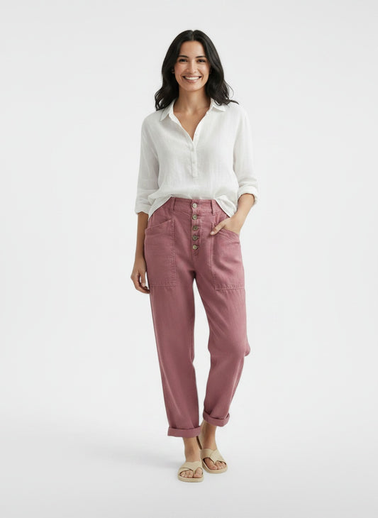 Full body view of the model wearing Pantalón Ancho Mujer Algodón Lino Casual