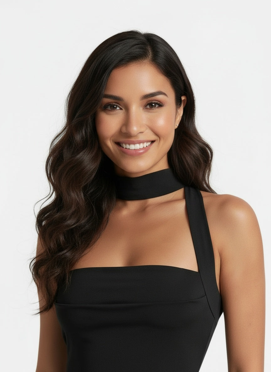 Close-up of the model wearing Vestido Minimalista Mujer Slim Fit
