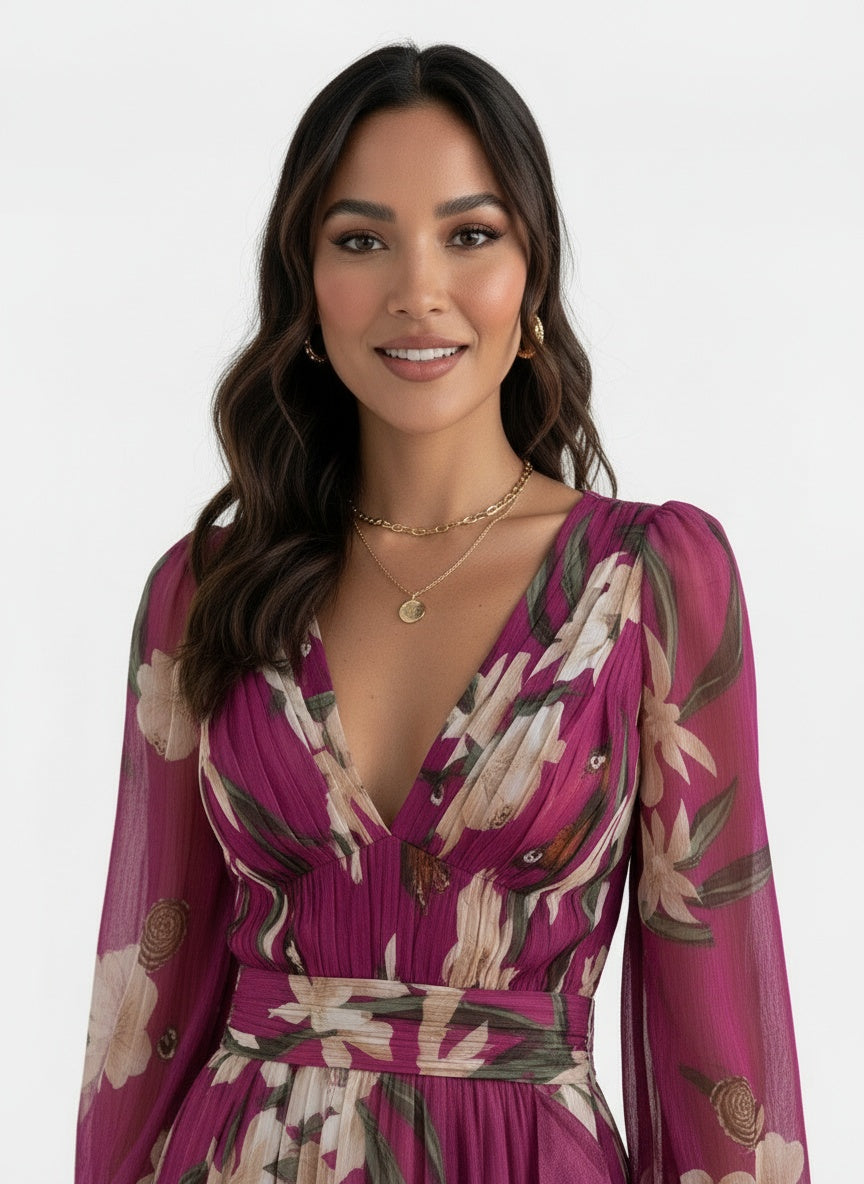 Close-up of the model wearing Vestido Maxi Floral Mujer Escote V