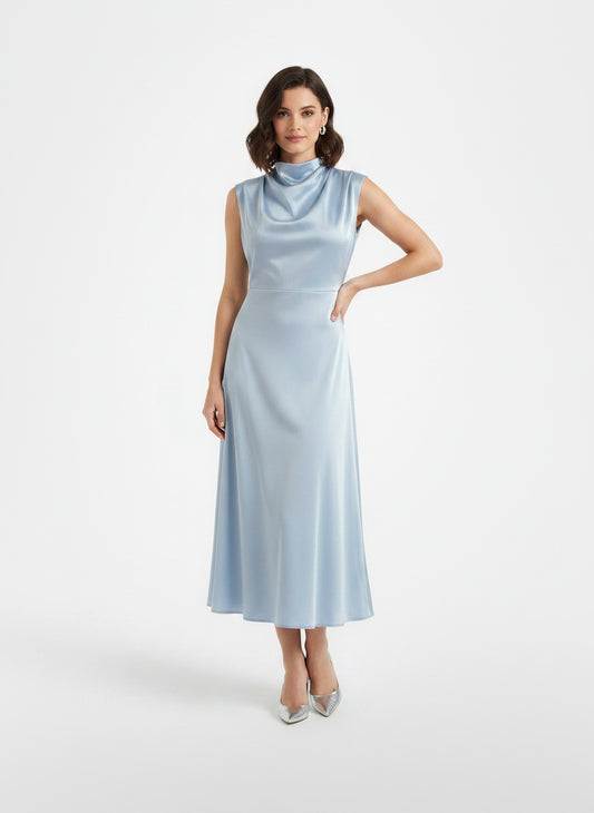 Full body view of the model wearing Vestido Midi Elegante Cuello Alto Mujer