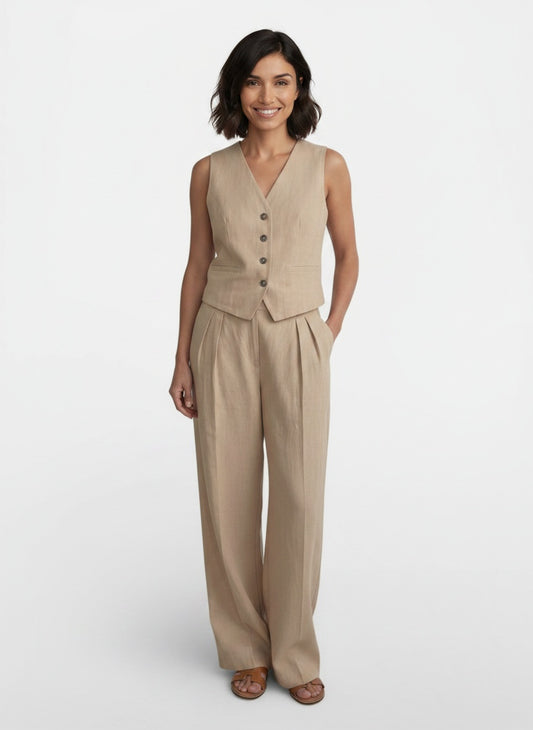 Full body view of the model wearing Traje Conjunto de Lino Mujer Cintura Alta Plisado