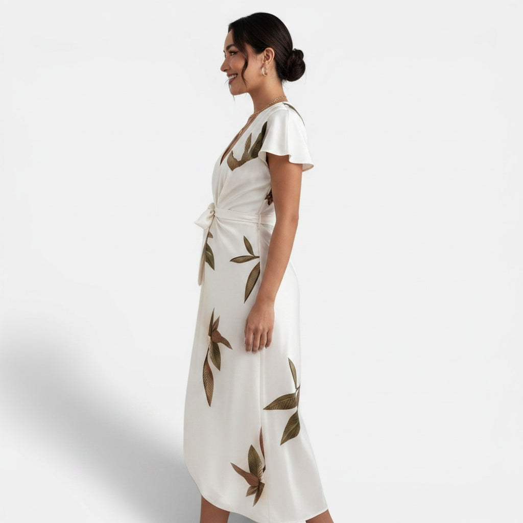 Side profile of the model wearing Vestido Midi Cruzado Floral Mujer