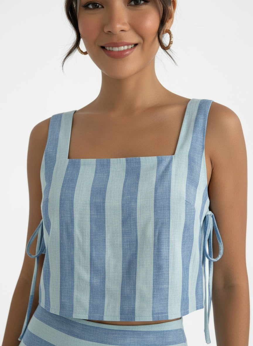 Close-up of the model wearing Vestido Rayas Azul Maxi Dos Piezas