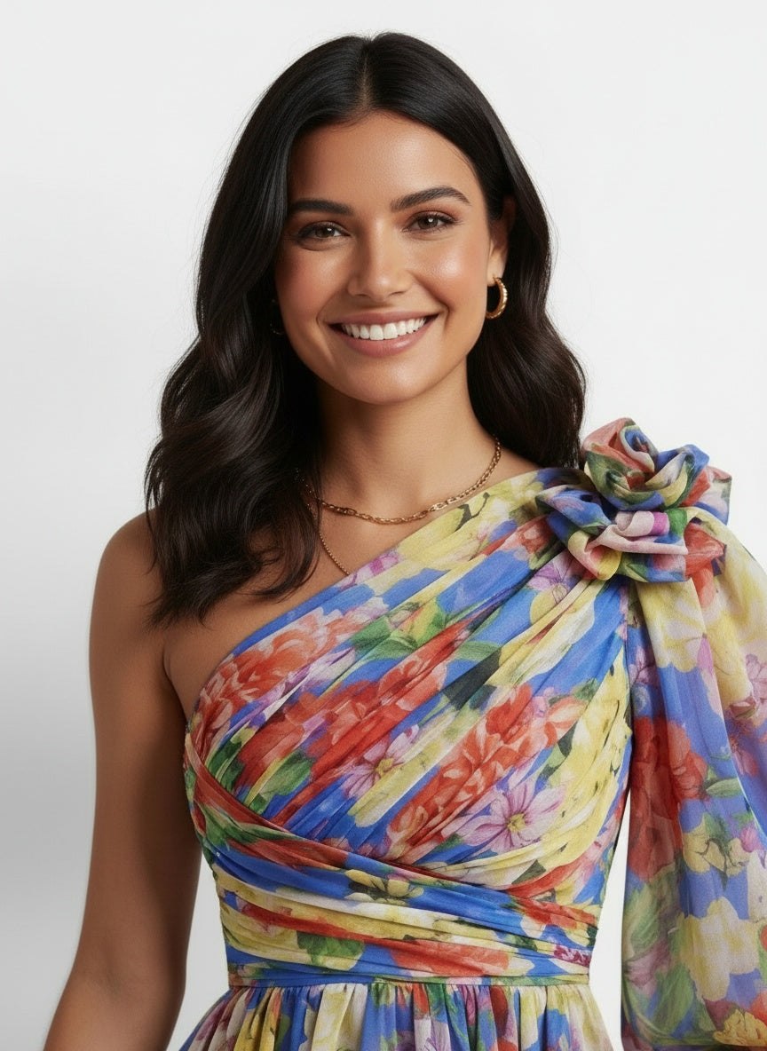 Close-up of the model wearing Vestido Corto Mujer Floral Verano