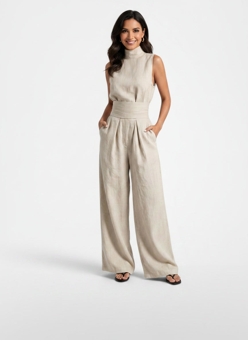 Full body view of the model wearing Conjunto Mujer Algodón Lino Sin Mangas