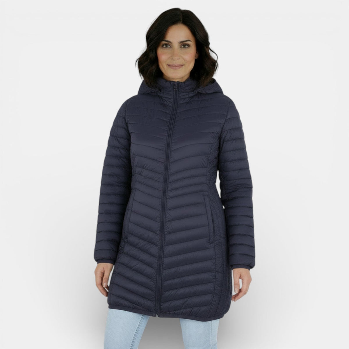 Abrigo acolchado largo con capucha para mujer 8