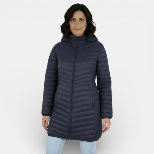 Abrigo acolchado largo con capucha para mujer 8