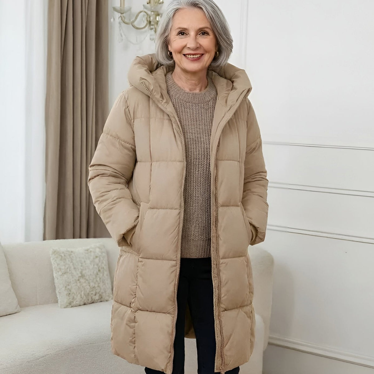 Abrigo acolchado largo con capucha y cremallera para mujer 4