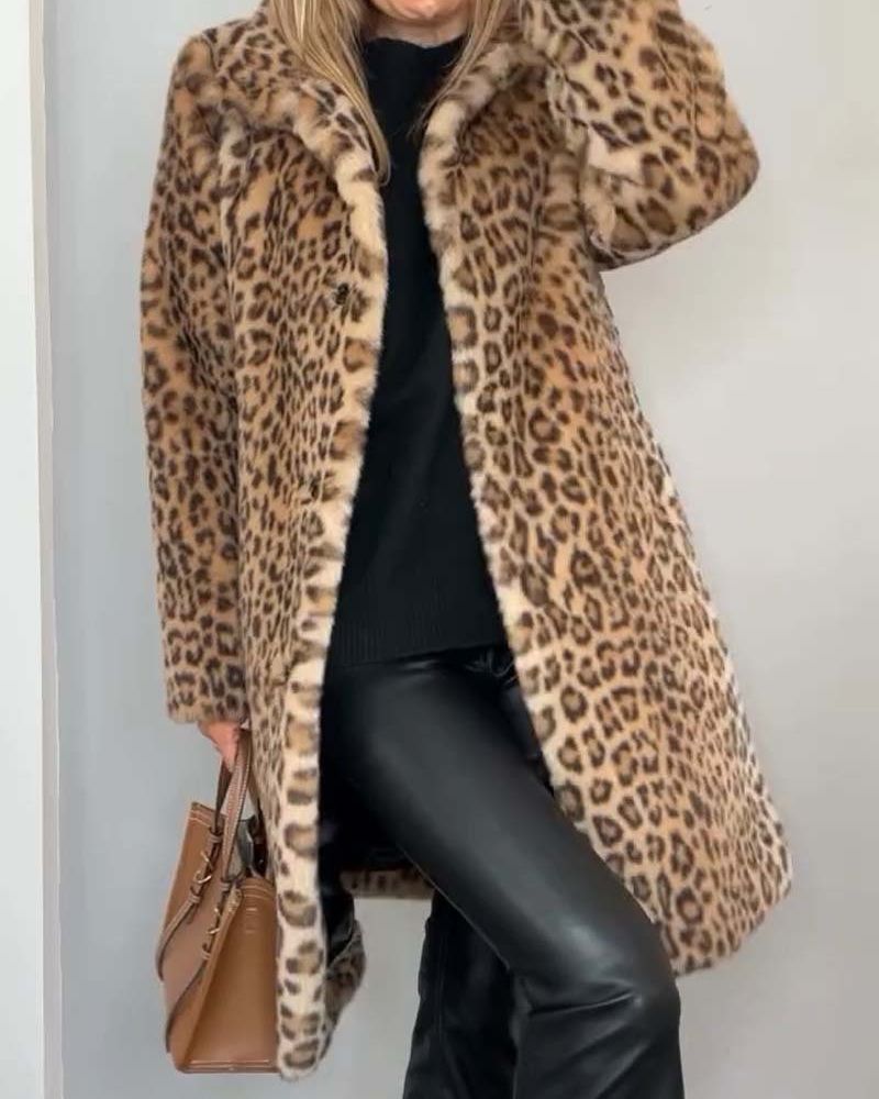 Abrigo de leopardo largo para mujer de pelo sintético con solapa 1