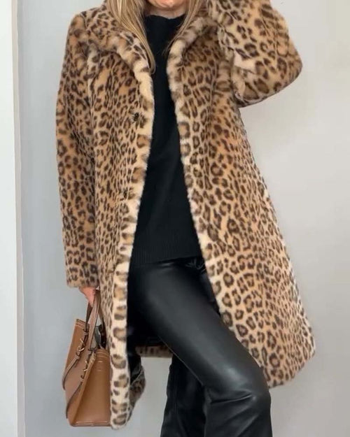 Abrigo de leopardo largo para mujer de pelo sintético con solapa 1