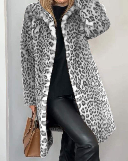Abrigo de leopardo largo para mujer de pelo sintético con solapa 2