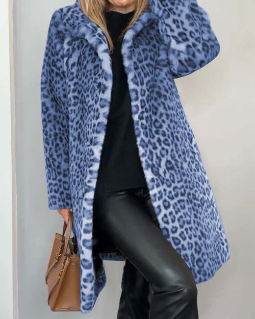 Abrigo de leopardo largo para mujer de pelo sintético con solapa 3