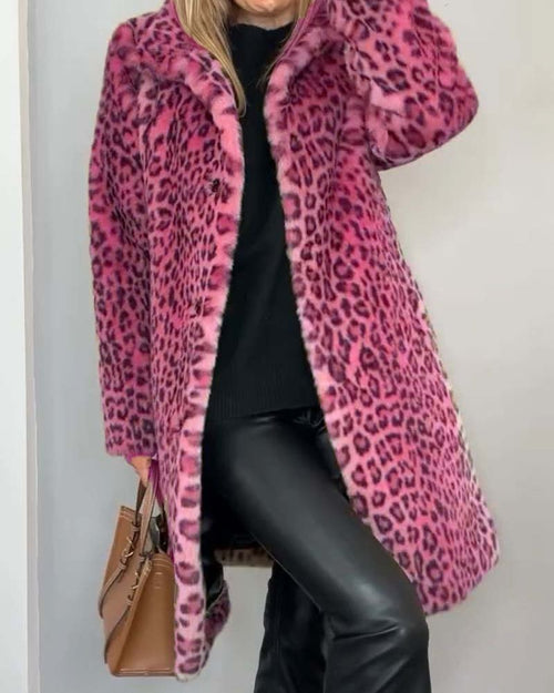 Abrigo de leopardo largo para mujer de pelo sintético con solapa 4