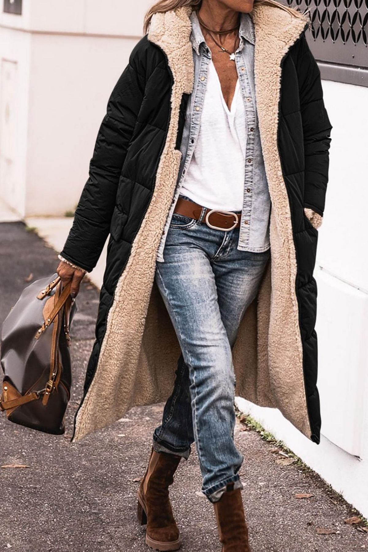 Abrigo largo reversible acolchado con capucha para mujer 2