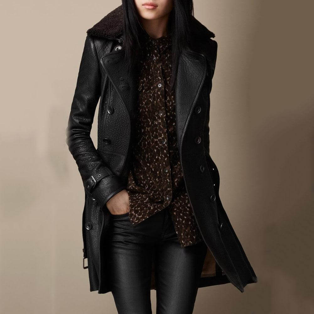 Abrigo trench mujer efecto piel de doble botonadura con corte entallado 1