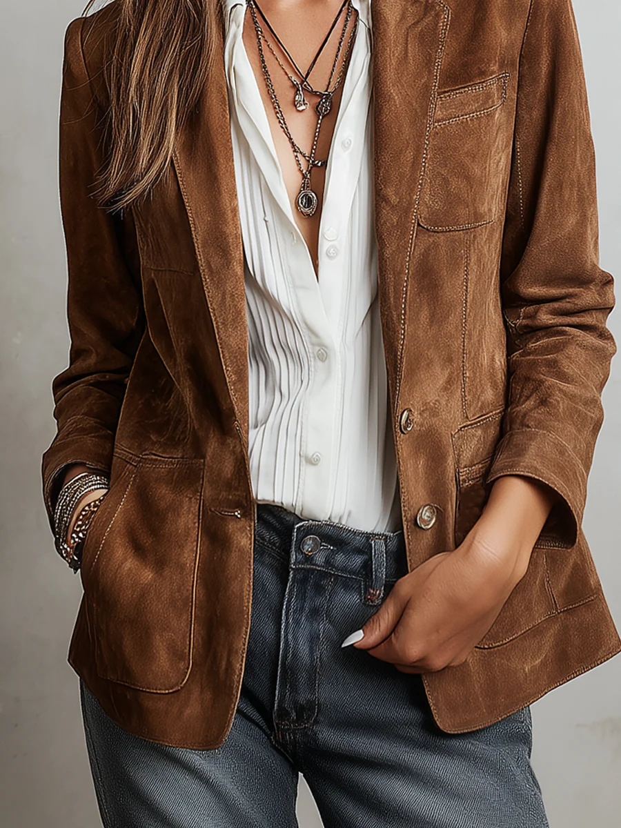 Americana de ante para mujer entallada con costuras en contraste 4