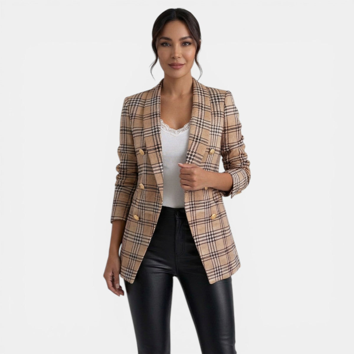 Blazer largo de cuadros para mujer con doble botonadura 1