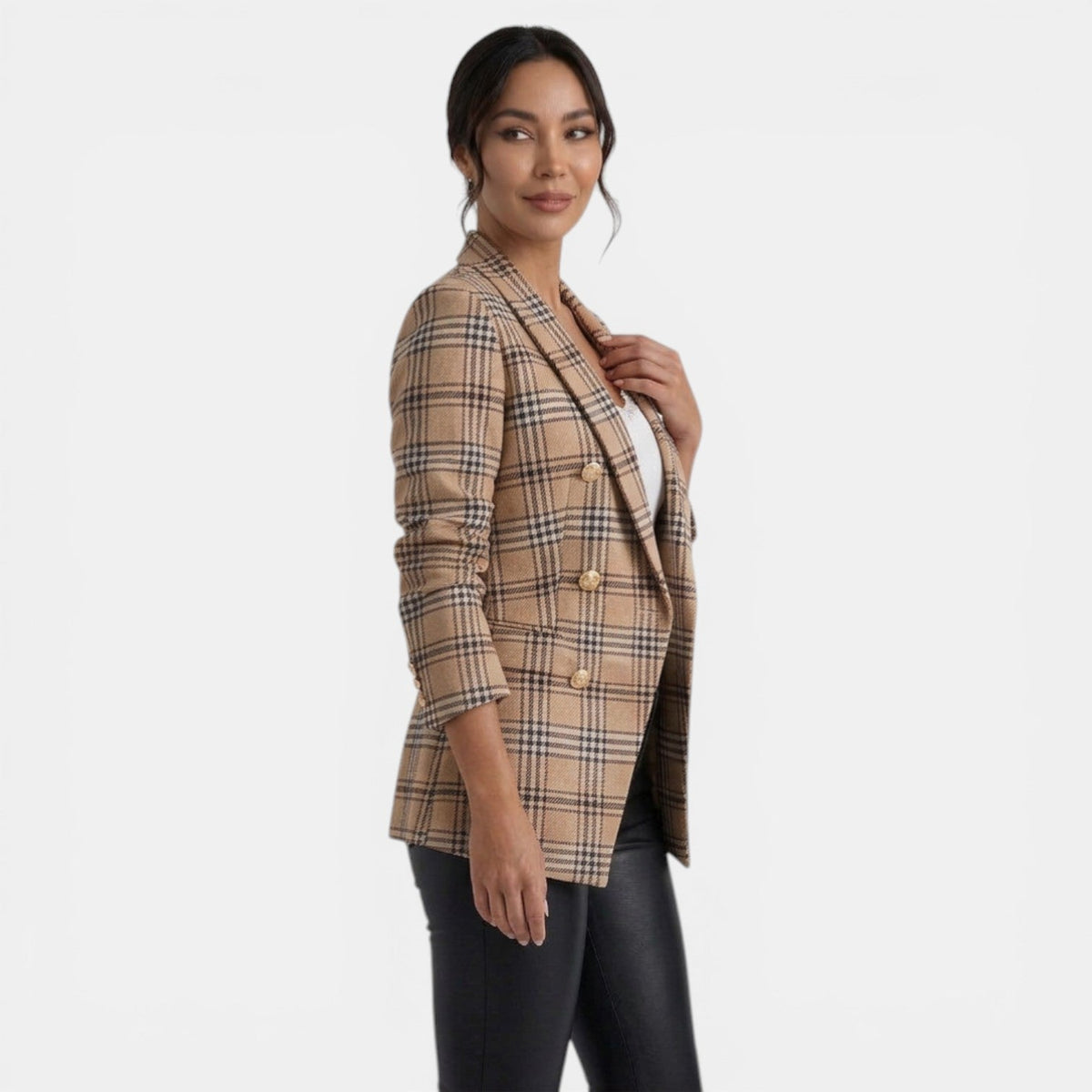 Blazer largo de cuadros para mujer con doble botonadura 2