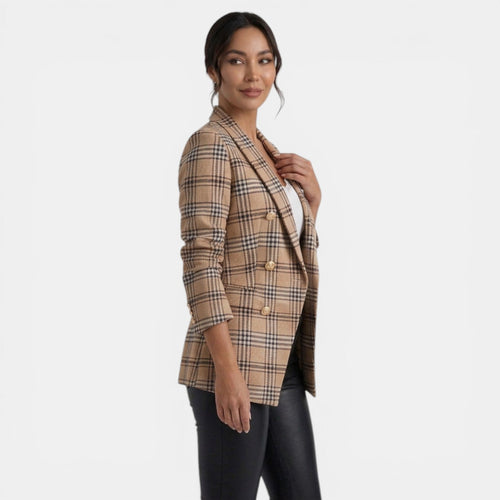 Blazer largo de cuadros para mujer con doble botonadura 2