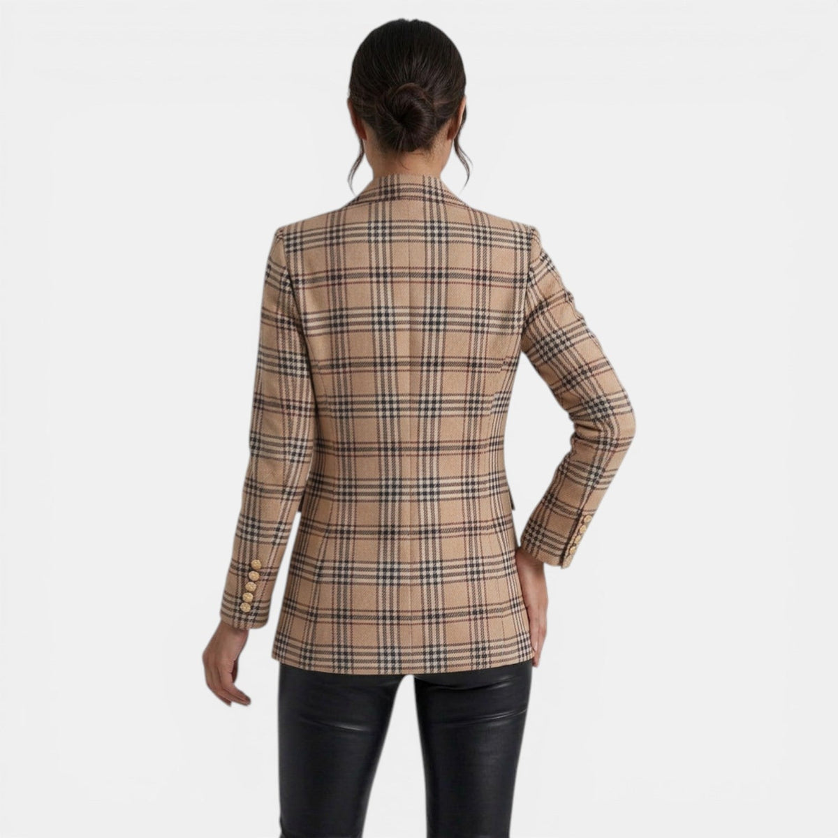 Blazer largo de cuadros para mujer con doble botonadura 3