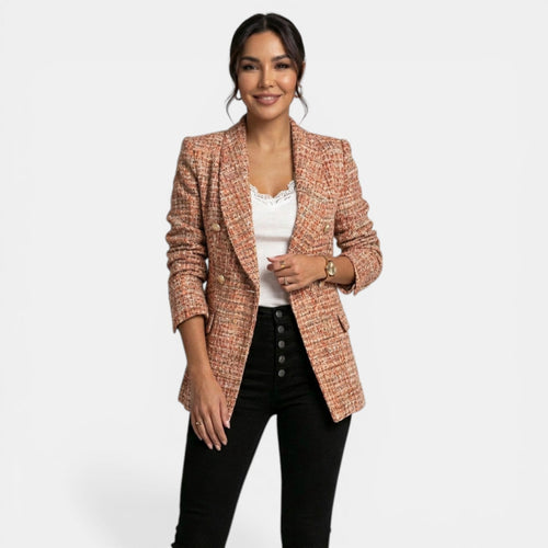 Blazer largo de cuadros para mujer con doble botonadura 4