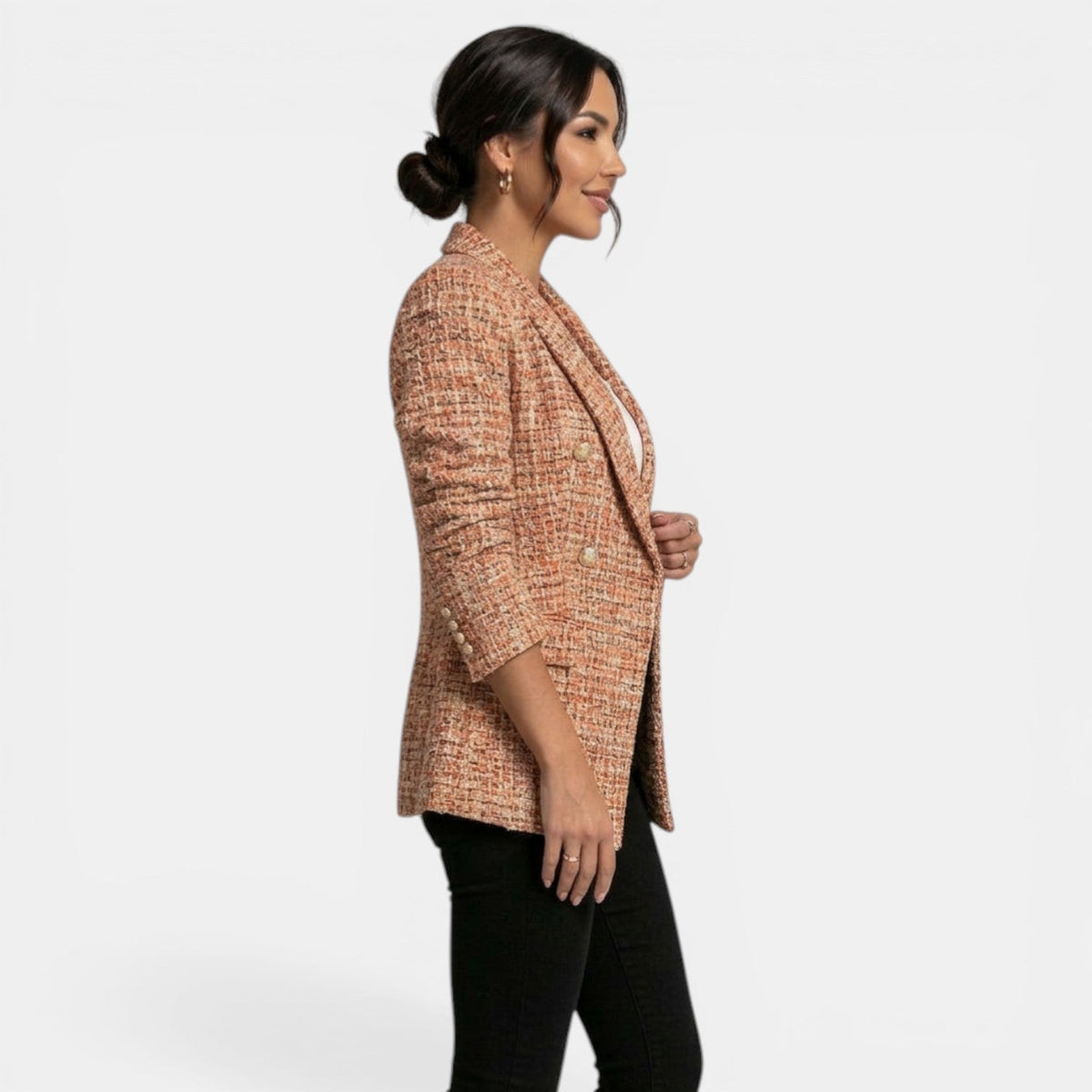 Blazer largo de cuadros para mujer con doble botonadura 5