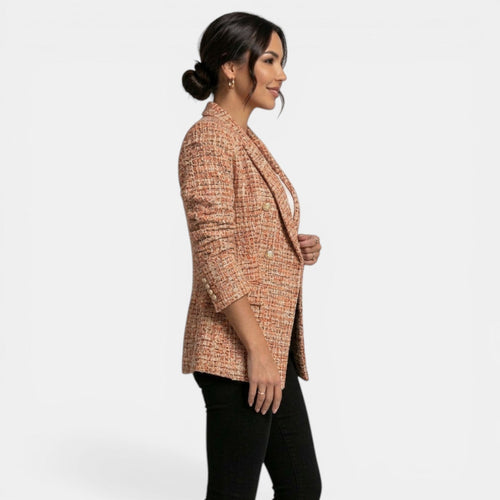 Blazer largo de cuadros para mujer con doble botonadura 5