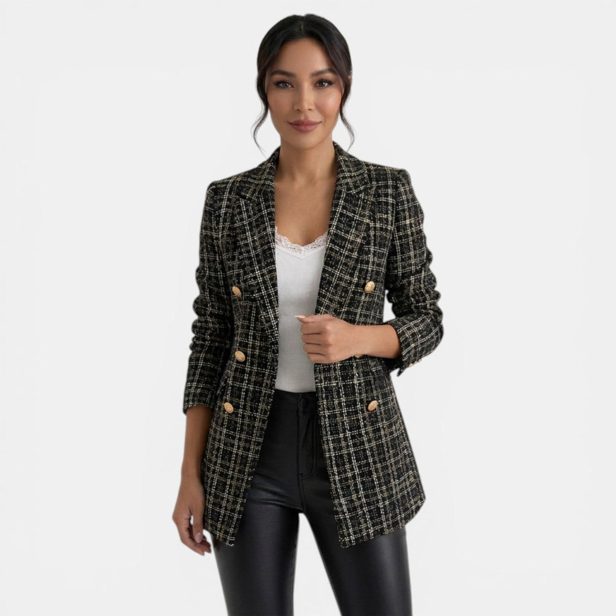 Blazer largo de cuadros para mujer con doble botonadura 7