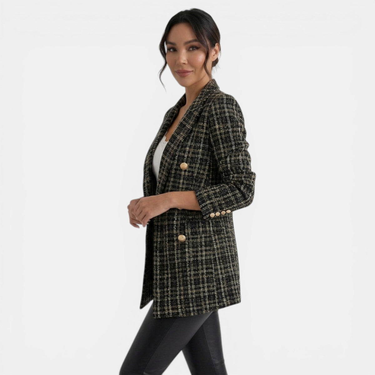 Blazer largo de cuadros para mujer con doble botonadura 8