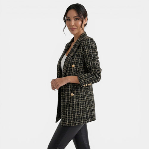 Blazer largo de cuadros para mujer con doble botonadura 8