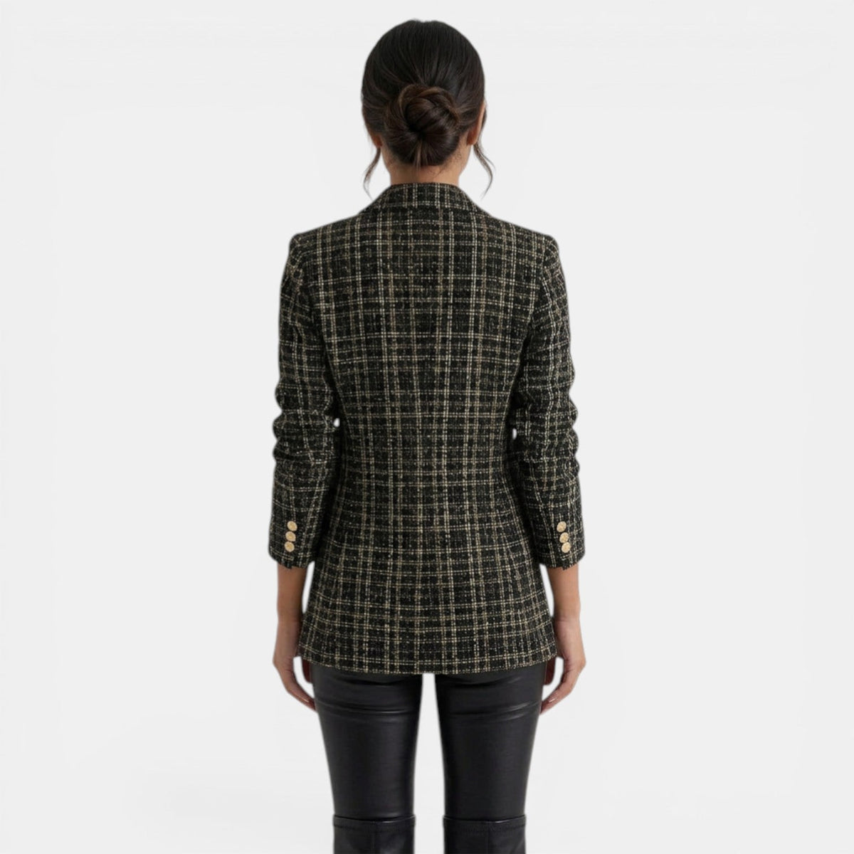 Blazer largo de cuadros para mujer con doble botonadura 9