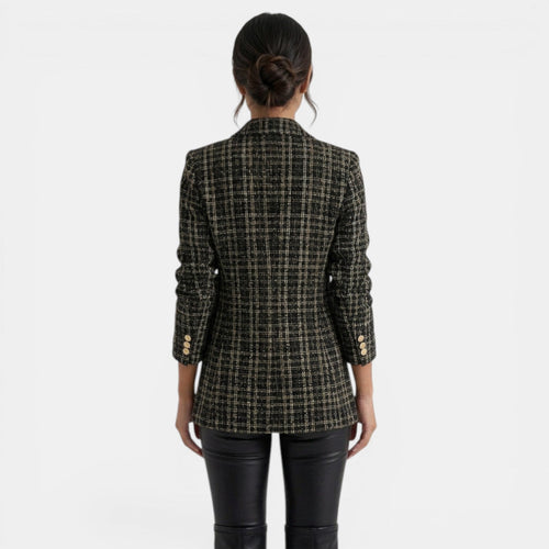 Blazer largo de cuadros para mujer con doble botonadura 9