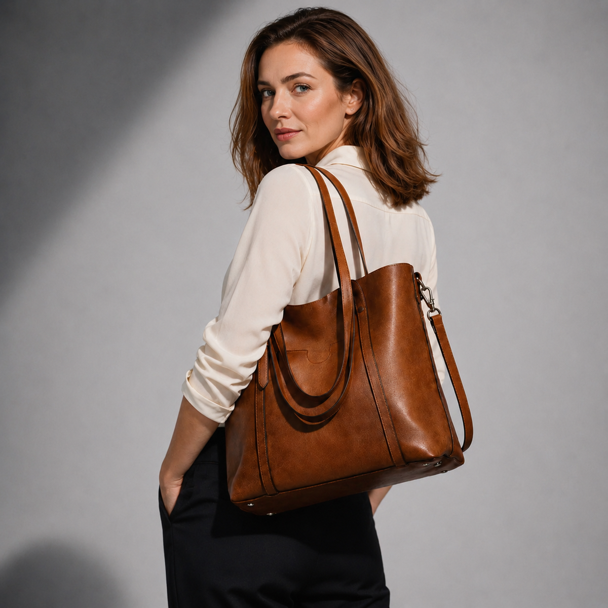 Bolso bandolera mujer de piel con doble asa y correa desmontable 3