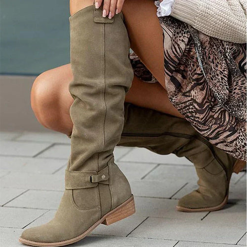 Botas altas de ante para mujer hasta la rodilla de tacón bajo 11