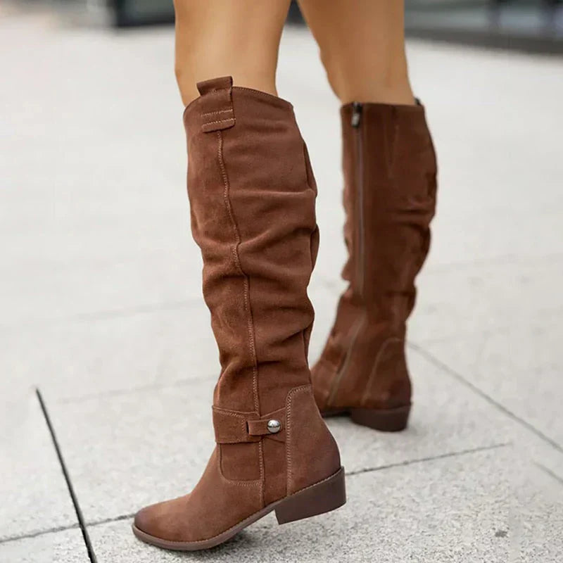 Botas altas de ante para mujer hasta la rodilla de tacón bajo 4