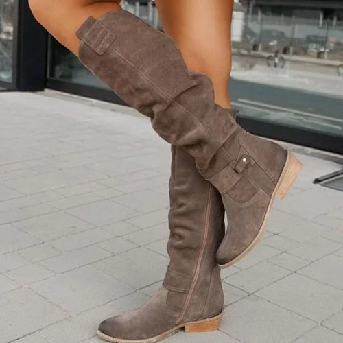 Botas altas de ante para mujer hasta la rodilla de tacón bajo 5