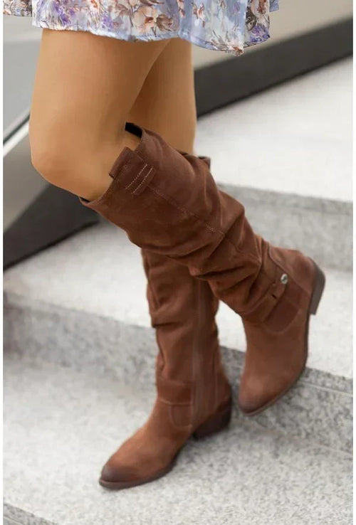 Botas altas de ante para mujer hasta la rodilla de tacón bajo 8