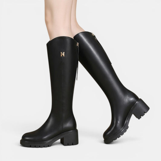 Botas altas de cuero para mujer con tacón grueso y cremallera 1