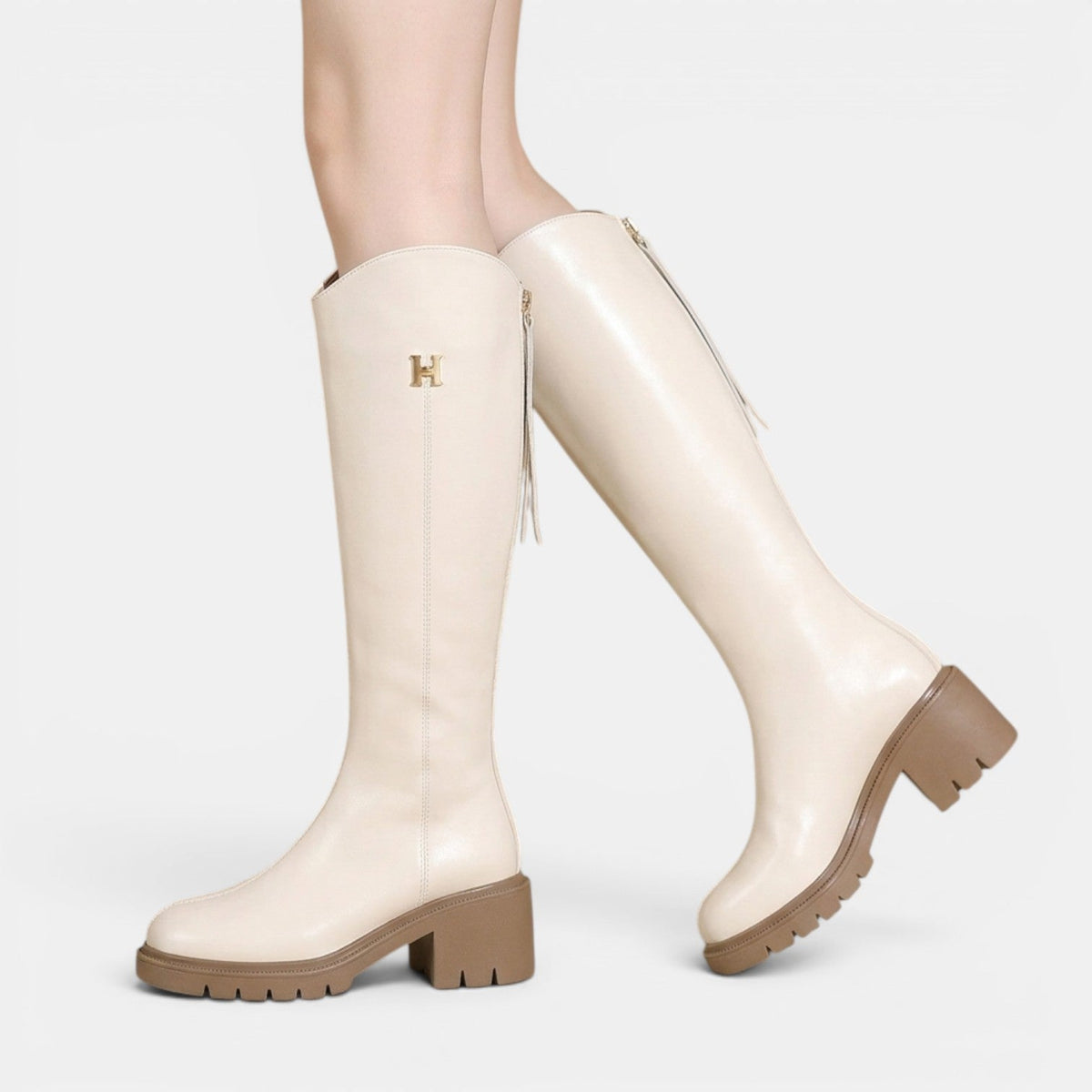 Botas altas de cuero para mujer con tacón grueso y cremallera 2