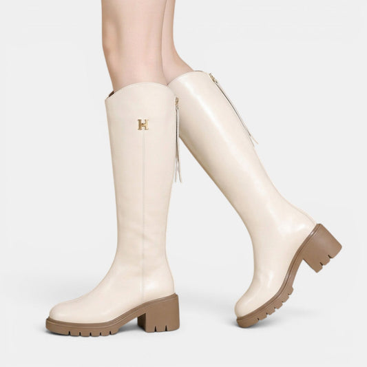 Botas altas de cuero para mujer con tacón grueso y cremallera 2