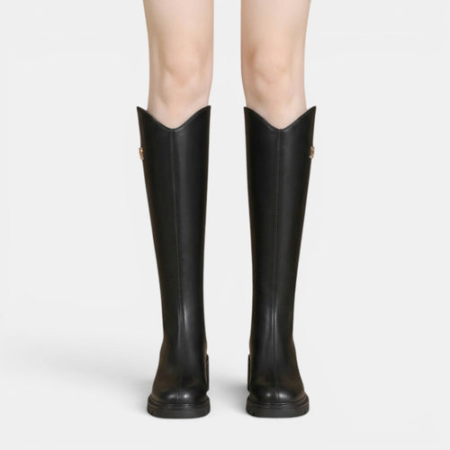 Botas altas de cuero para mujer con tacón grueso y cremallera 3