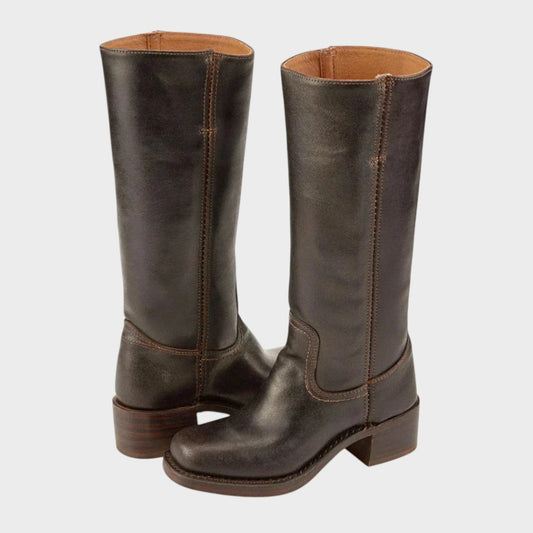 Botas altas de piel para mujer estilo equitación con tacón bajo 1
